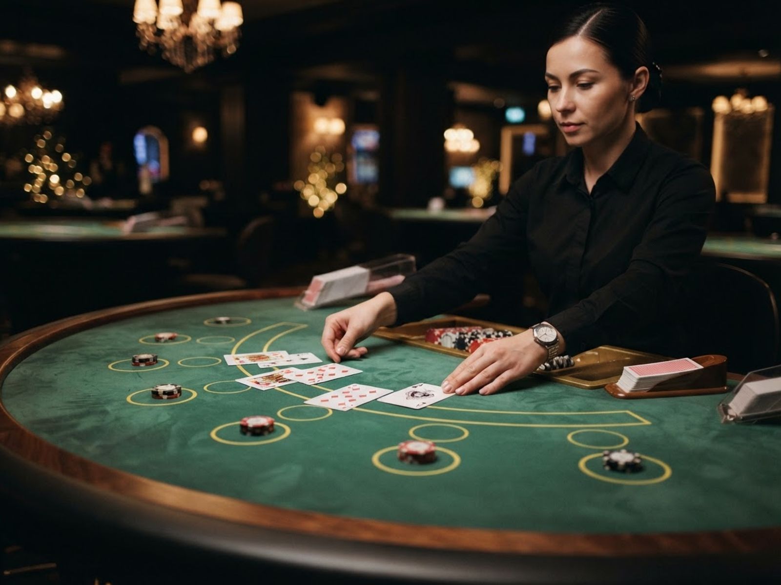 Élő blackjack asztal sötét kaszinó stúdióban